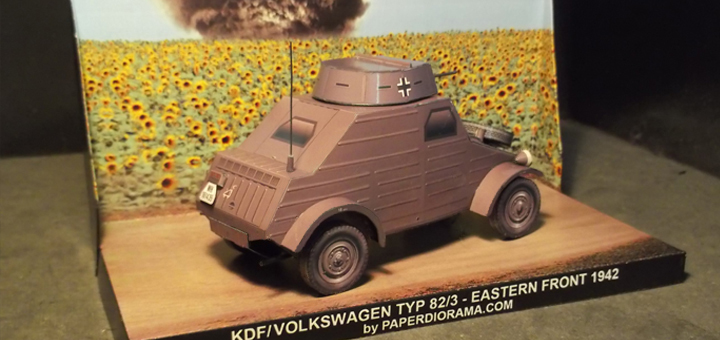 KdF/Volkswagen Typ 82/3: Mock-up armoured vehicle(dummy tank body for training purposes)/scout car with machine gun-fitted turret over the cabin - Paper model scale 1/35.